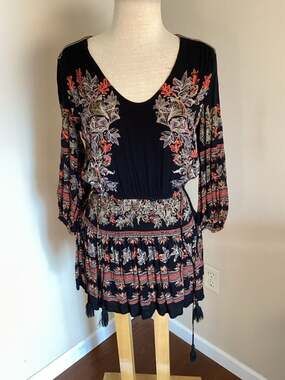 Free People Black Floral Printed Smocked Waist Mini Dress with Tassels XS